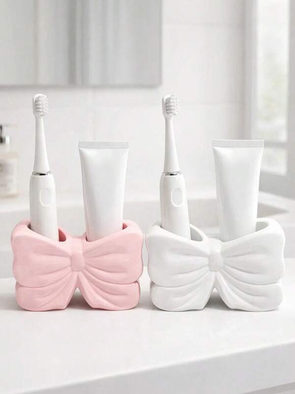 1/2pcs Bow Shaped Toothbrush Holder, Cute Bathroom Toothbrush Cup Storage Rack, Suitable For Bathroom Decor And Accessories, Vanity Storage, Room Decor, Home Decor, Also A Great Gift For Female Friends