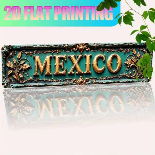 2D Flat, 1pc Vintage Mexico Decorative Sign - Teal & Golden Accent Mexican Wall Art Plaque, Durable Aluminum Metal Decor For Home, Farmhouse, Cafe, Garage - Easy Installation With Adhesive Or Screws - Perfect Gift For Mexico Lover
